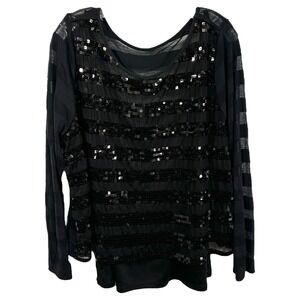 Lane‎ Bryant Plus Size 22W 24W Top Black Sequin Embellished Long Sleeve 1241